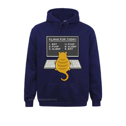 navy blue hoodie made from cotton featuring a lazy cat writing plans for the day which is amusing
