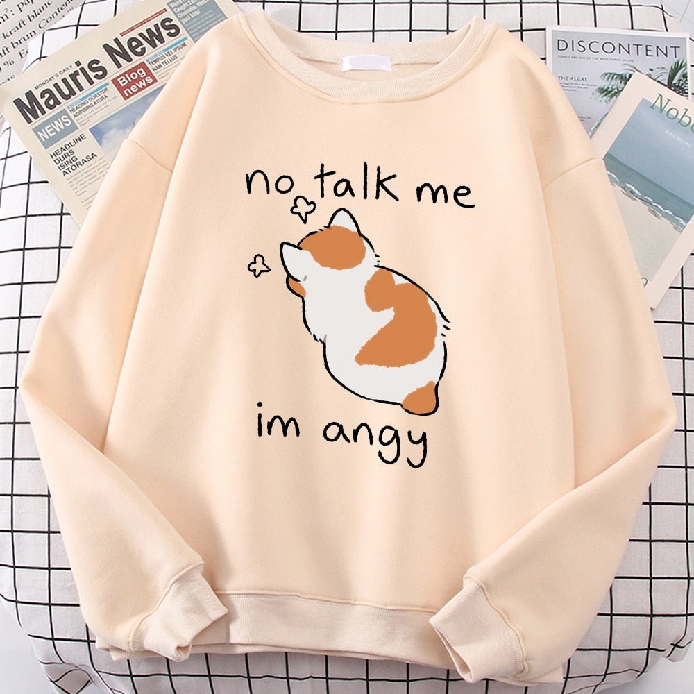 no talk me i m angry beige color cartoon cat sweatshirt for female