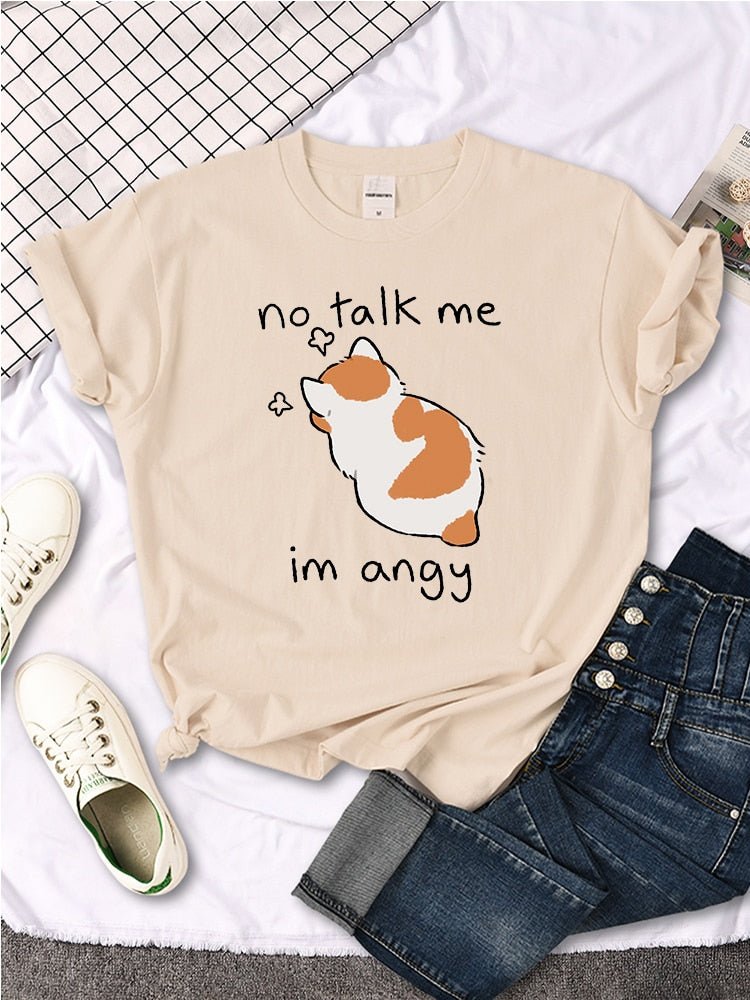 A beige color Funny Cat T-Shirt - 'No Talk Me, I'm Angry' - Angry calico cat design for cat lovers