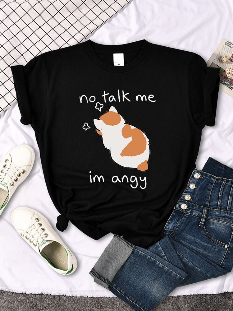 black color funny cat t shirt printed with an angry calico cat, with a quote: no talk me, i m angy that looks so quirky
