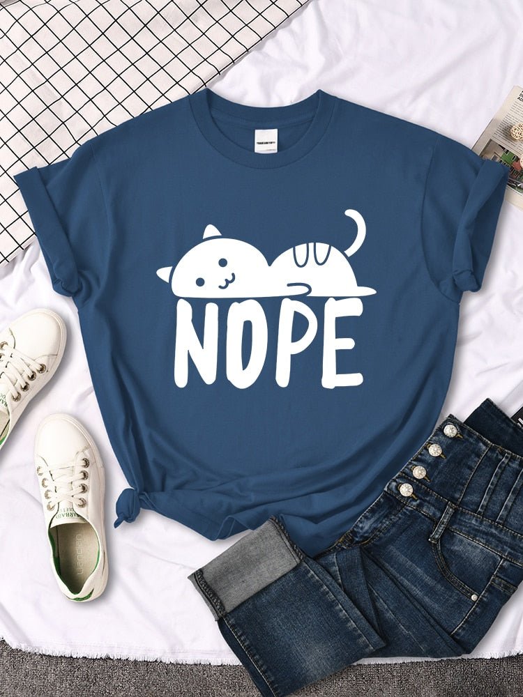 cat mom t shirts in haze blue with simple nope design
