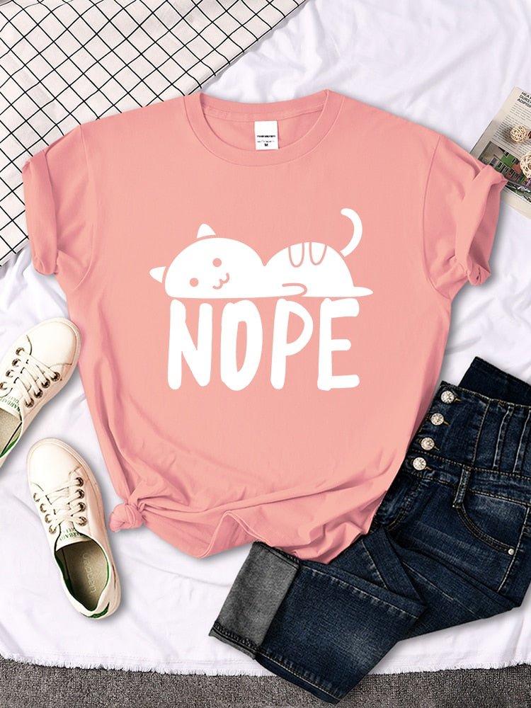 pink color womens cat shirt with simple nope design