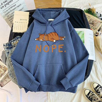 haze blue hoodie with a picture of a lazy cat laying down feeling sleepy