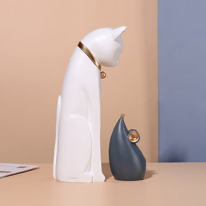 Minimalistic design Mouse and Cat Sculptures with Golden Bell Set