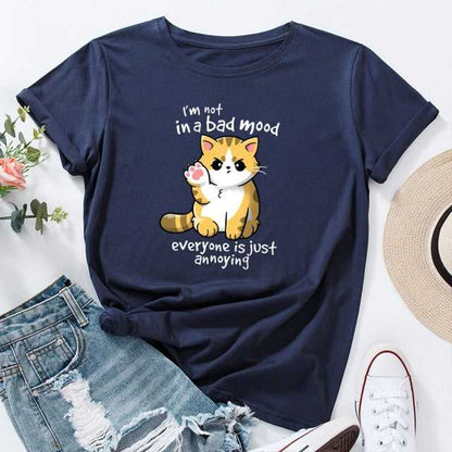 royal blue cat mom t shirt with cute badmood cat