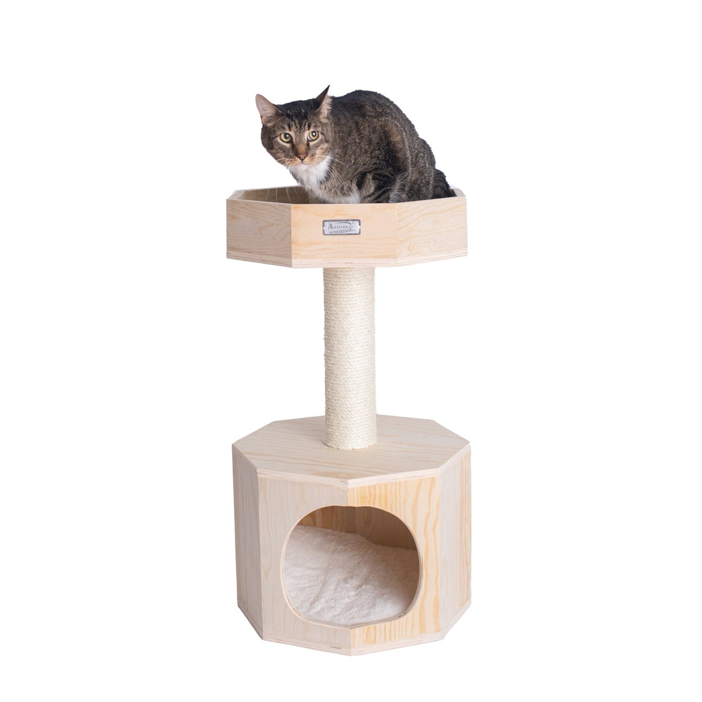 a cat sitting on a modern cat tree tower in octagon shape
