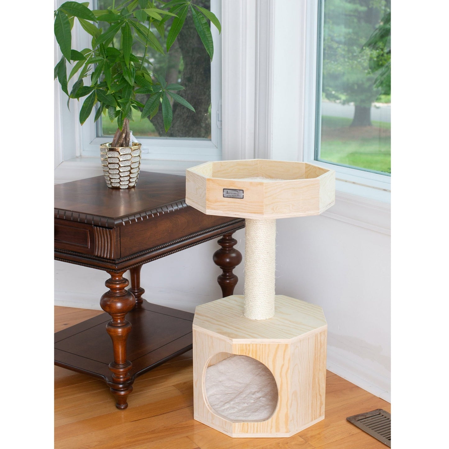 a small modern cat tree in octagon shape