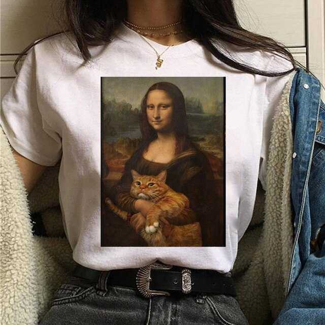 Woman wearing white Oil Painting Female Cat T-Shirt featuring 'Mona Li-Cat' design inspired from monalisa oil painting