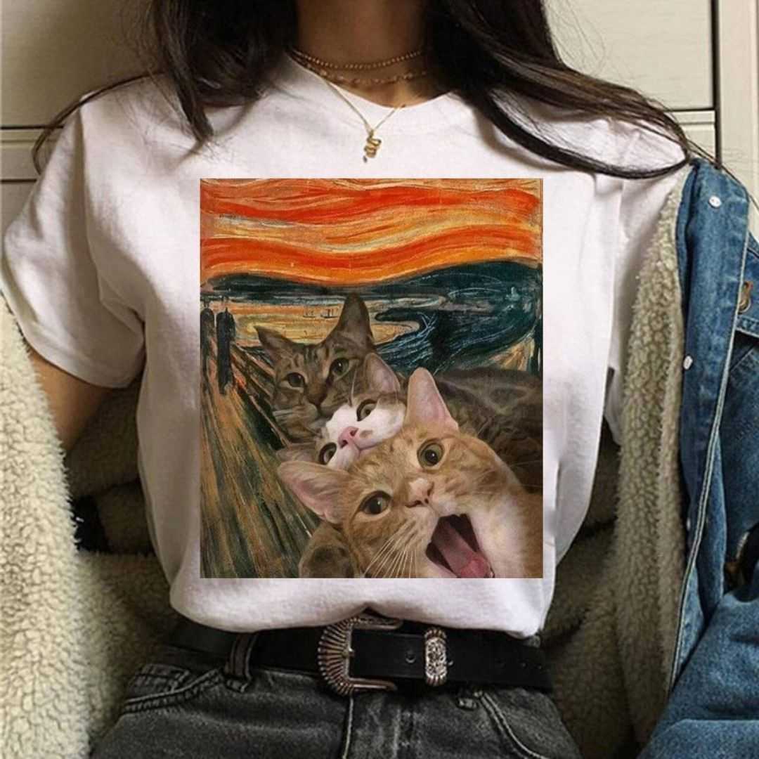 a woman wearing a cat lady shirt with scraming cat oil painting design