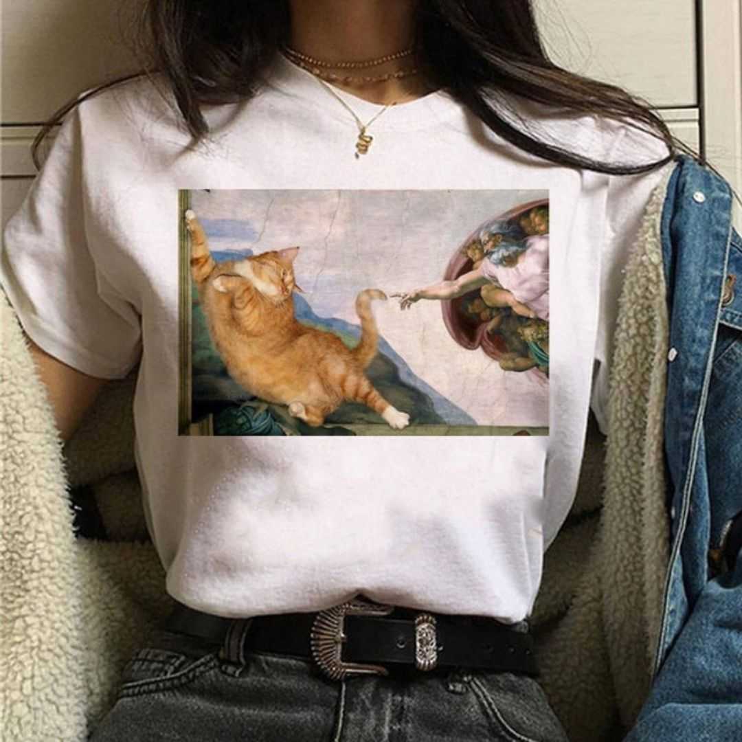 A woman wearing 'The Creation of Cat' oil painting design cat t shirt for women