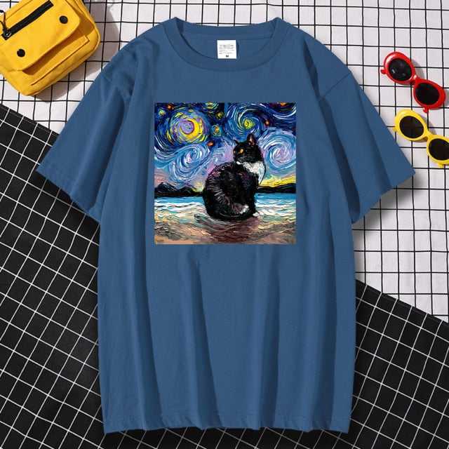 haze blue cat tee for male with oil painting design