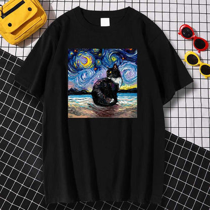 Cat t-shirt with dreamy black cat under a starry night design, inspired from the starry night painting