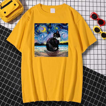 yellow color cat dad t shirt with oil painting design