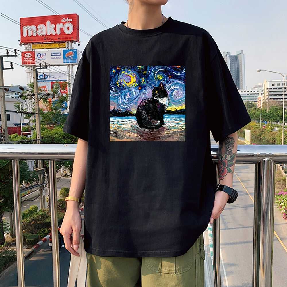 a man wearing a Men's cat t-shirt featuring starry night-inspired oil painting