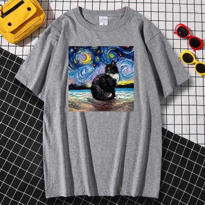gray color oil painting male cat t shirt
