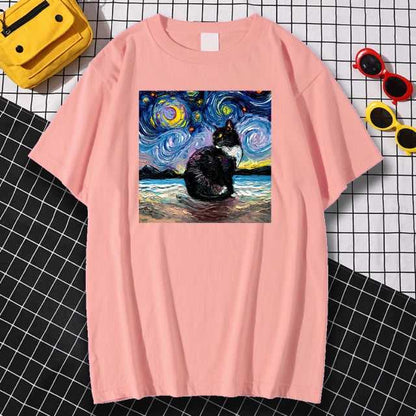 Artistic male cat t-shirt in various colors, Oil Painting Starry Night Design