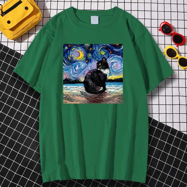 cat man t shirt in green color and oil painting design