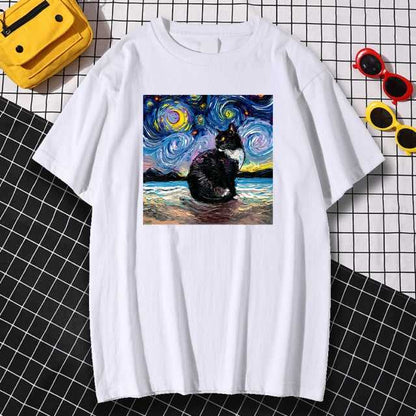 white color cat dad shirt with oil painting design