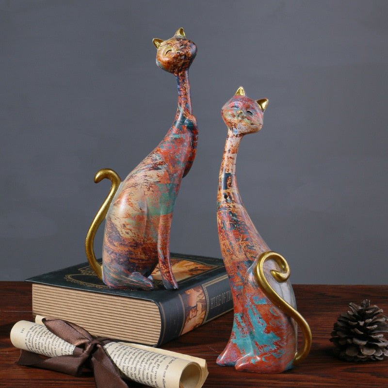 Luxurious Gold Base Oil Painting Style  Cat Sculpture that comes in a pair