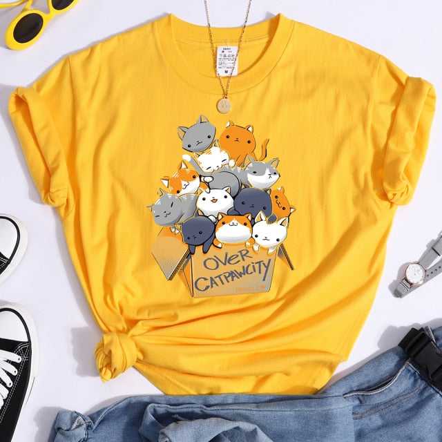 cat shirts for women in yellow color with cute cartoon cats design