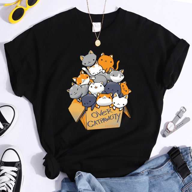 Woman's T-shirt with cartoon cats overflowing from a box and written with word  over cat pawcity