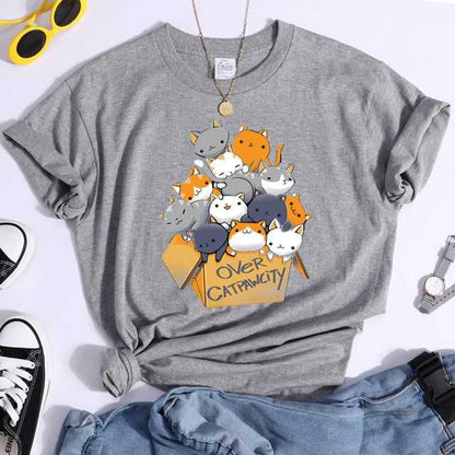 grey color 'Over Cat Paw City' t-shirt for women, perfect for casual days