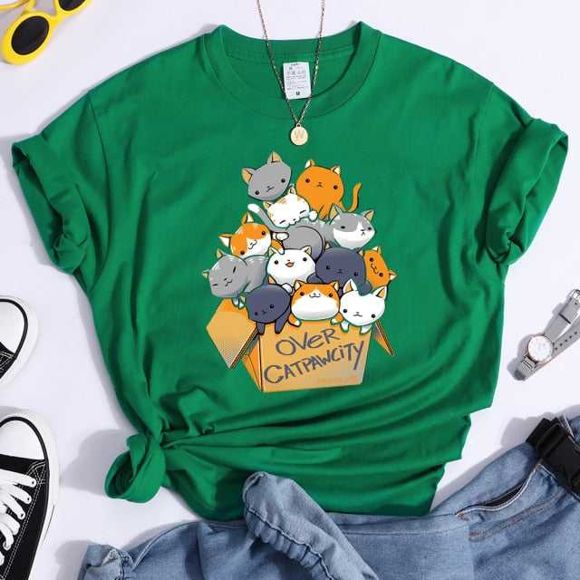 Green color 'Over Cat Paw City' pun on women's cat shirt