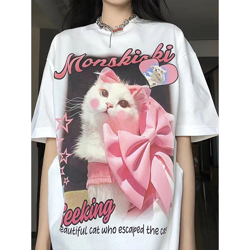 Oversize barbiecore Pink Cat T-shirt