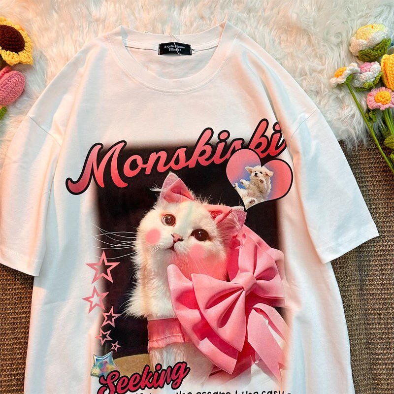 Oversize barbiecore Pink Cat T-shirt