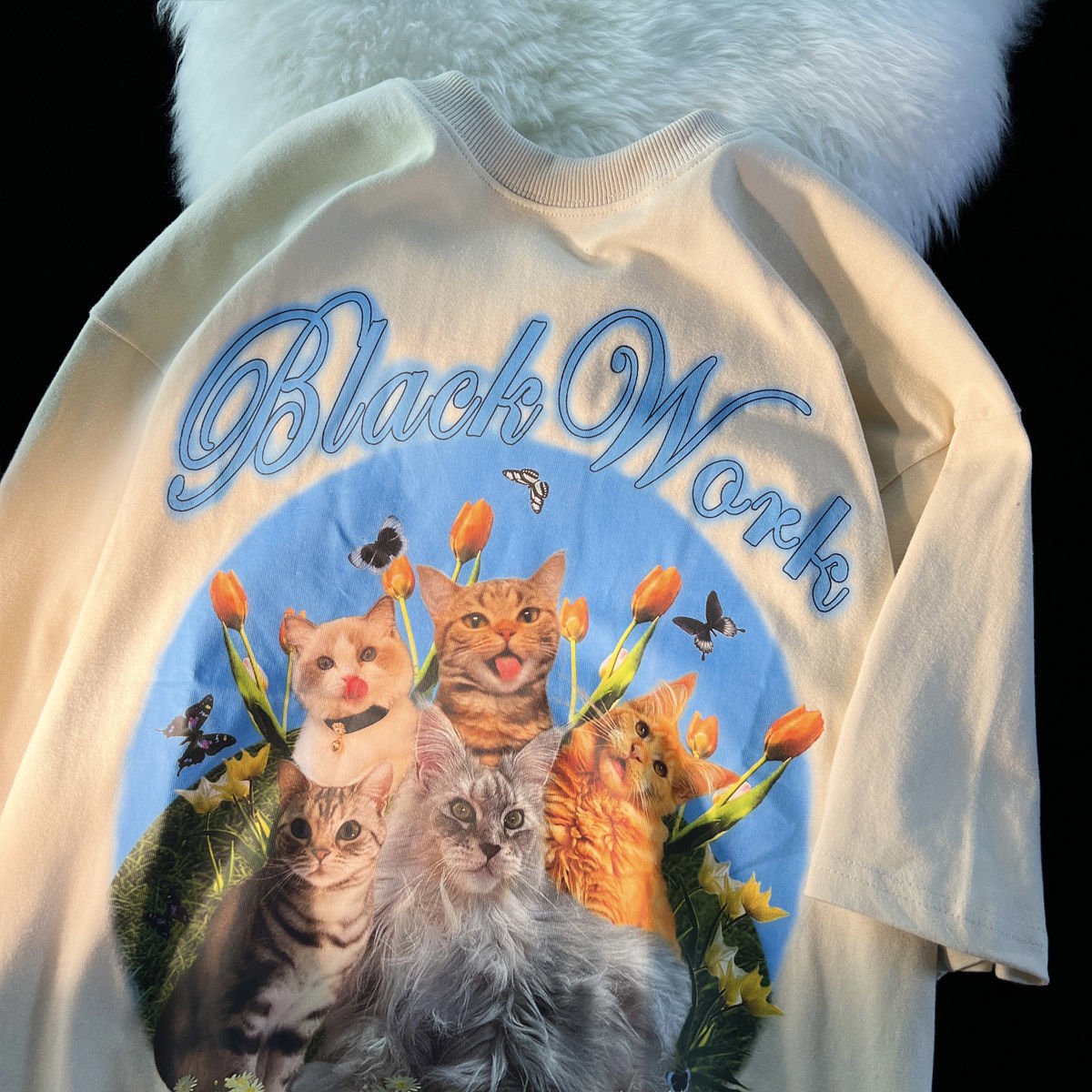 Oversize Vintage Cat Shirt Perfect for Cat Lovers White M