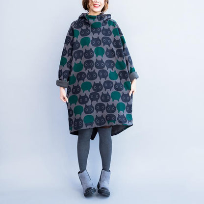 stylish long cat hoodie with cute grey and green cat faces on it made for cat moms