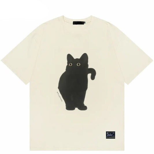 Beige t shirt featuring stylish black cat with distinct eyes