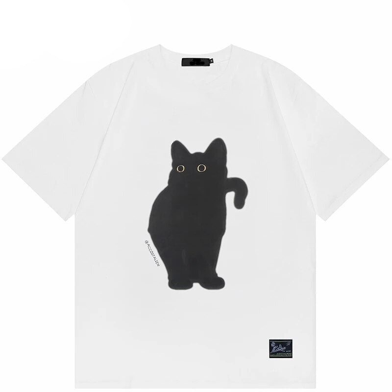 Minimalist black cat design on white t shirt