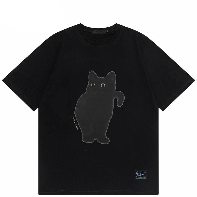 Oversized Minimalistic Black Cat T Shirts