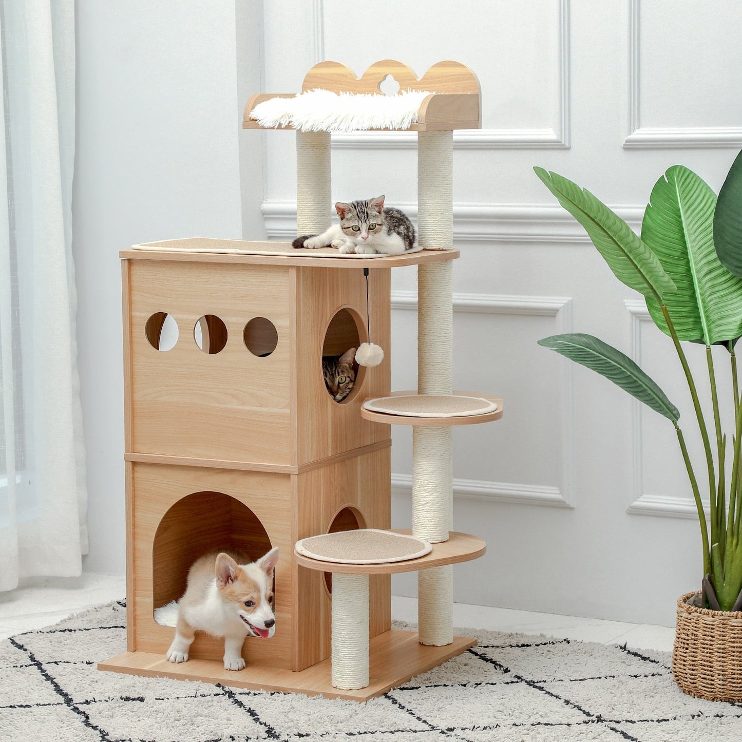 a modern cat tree in beige color for cats and dogs