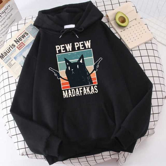 a cool looking black color cat dad hoodie with pew pew madafakas quote