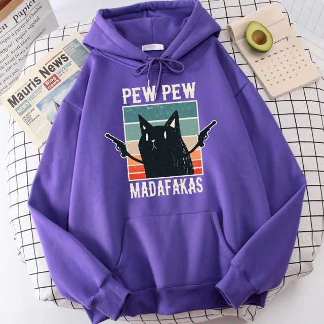 a purple color stylish and funny hoodie featuring a badass black cat in a wild west pose