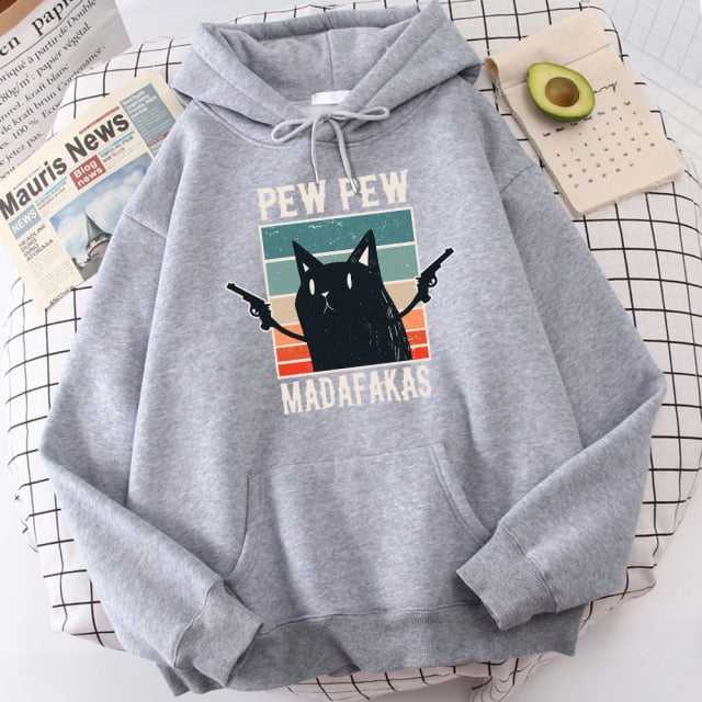 gray pew pew madafakas funny cat hoodie featuring a black cat with guns