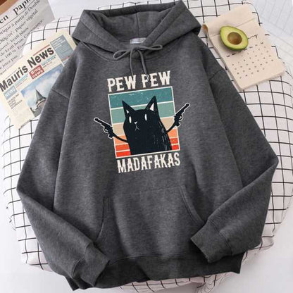 dark gray color 'Pew Pew Madafakas' hoodie, perfect for adding a touch of humor to the wardrobe