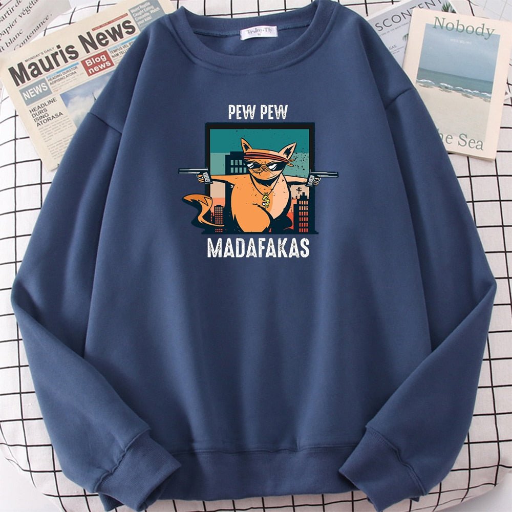a blue color cat lover sweatshirt with a cute cat pointing guns