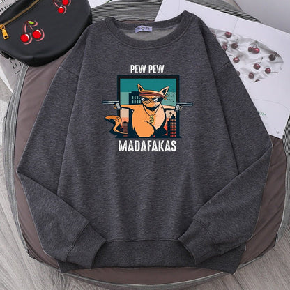 a grey color vintage cat sweatshirt with picture of a cat pointing guns