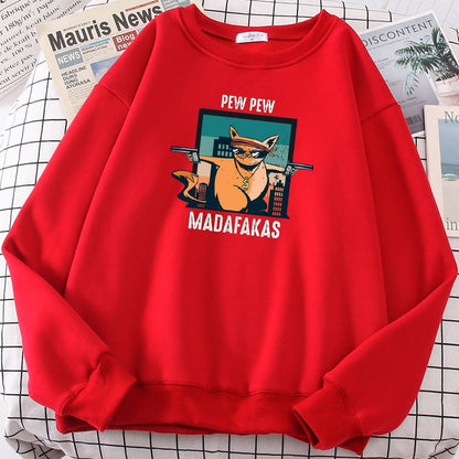 a red color cute cat sweaters with a cat pointing guns