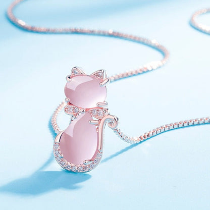 Pink stone lovely cat necklace with zircon
