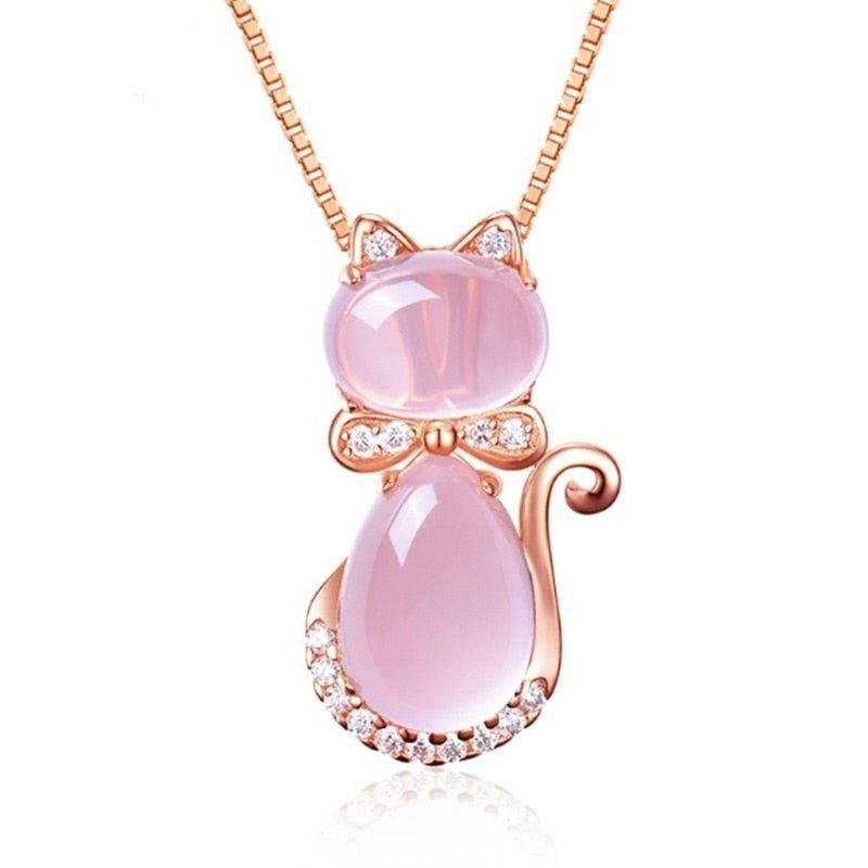Pink stone lovely cat necklace with zircon