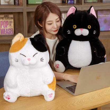 a lady with plushie cat of black and calico cat