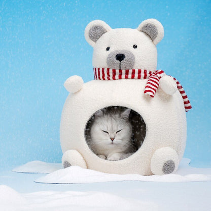 white color polar bear design kawaii cat bed with scarf