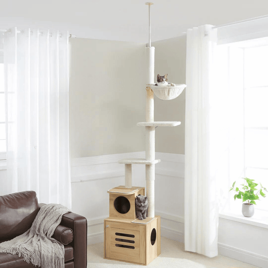 minimalist solid wood floor to ceiling cat tree with 6 layers and hidden cat litter box