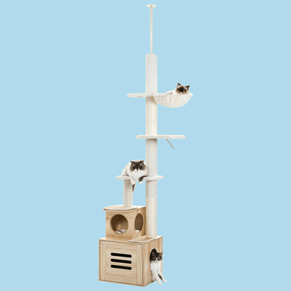 beige color floor to ceiling cat tree with cat litter box inside