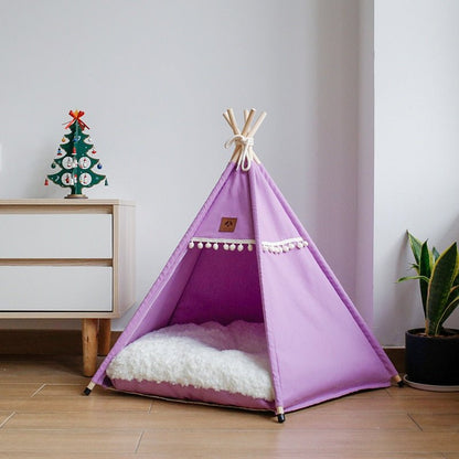 purple color mini tent for cats with cushion inside