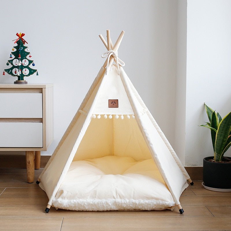 beige color cozy cat teepee bed with cushion inside